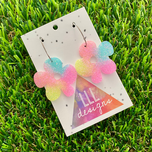 Resin Earrings - Pastel Asymmetrical Flower Featuring a Silver Hoop! (1)