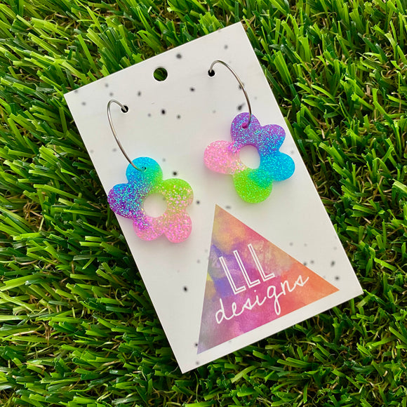Resin Earrings - Vibrant Wonky Daisy Featuring a Silver Hoop! (2)