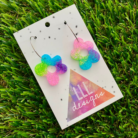 Resin Earrings - Vibrant Wonky Daisy Featuring a Silver Hoop! (4)