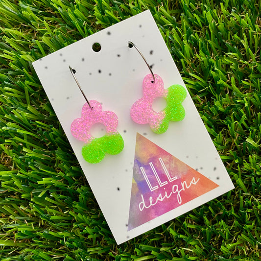 ON SALE!!! Resin Earrings - Vibrant Wonky Daisy Featuring a Silver Hoop! (5)