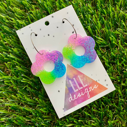 ON SALE!!!!! Resin Earrings - Vibrant Cut Out Daisy Featuring a Silver Hoop! (2)