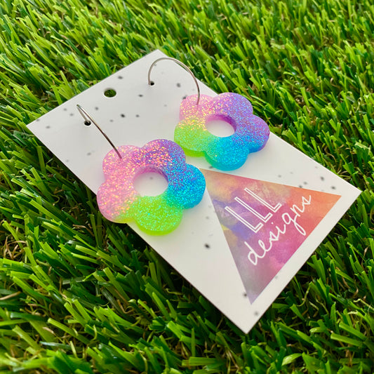 ON SALE!!!!! Resin Earrings - Vibrant Cut Out Daisy Featuring a Silver Hoop! (2)