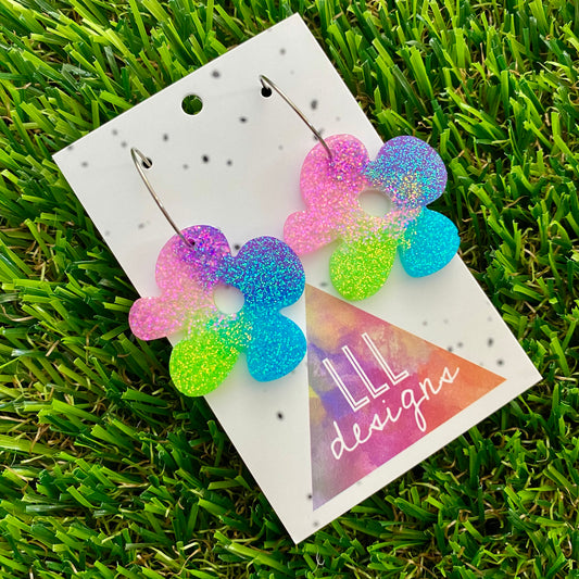ON SALE!!!! Resin Earrings - Vibrant Asymmetrical Flower Featuring a Silver Hoop! (1)