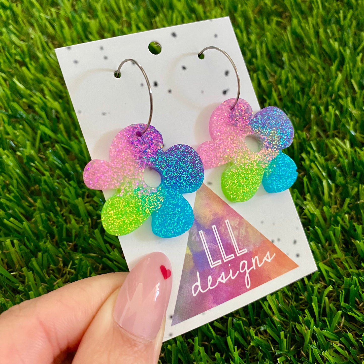 ON SALE!!!! Resin Earrings - Vibrant Asymmetrical Flower Featuring a Silver Hoop! (1)