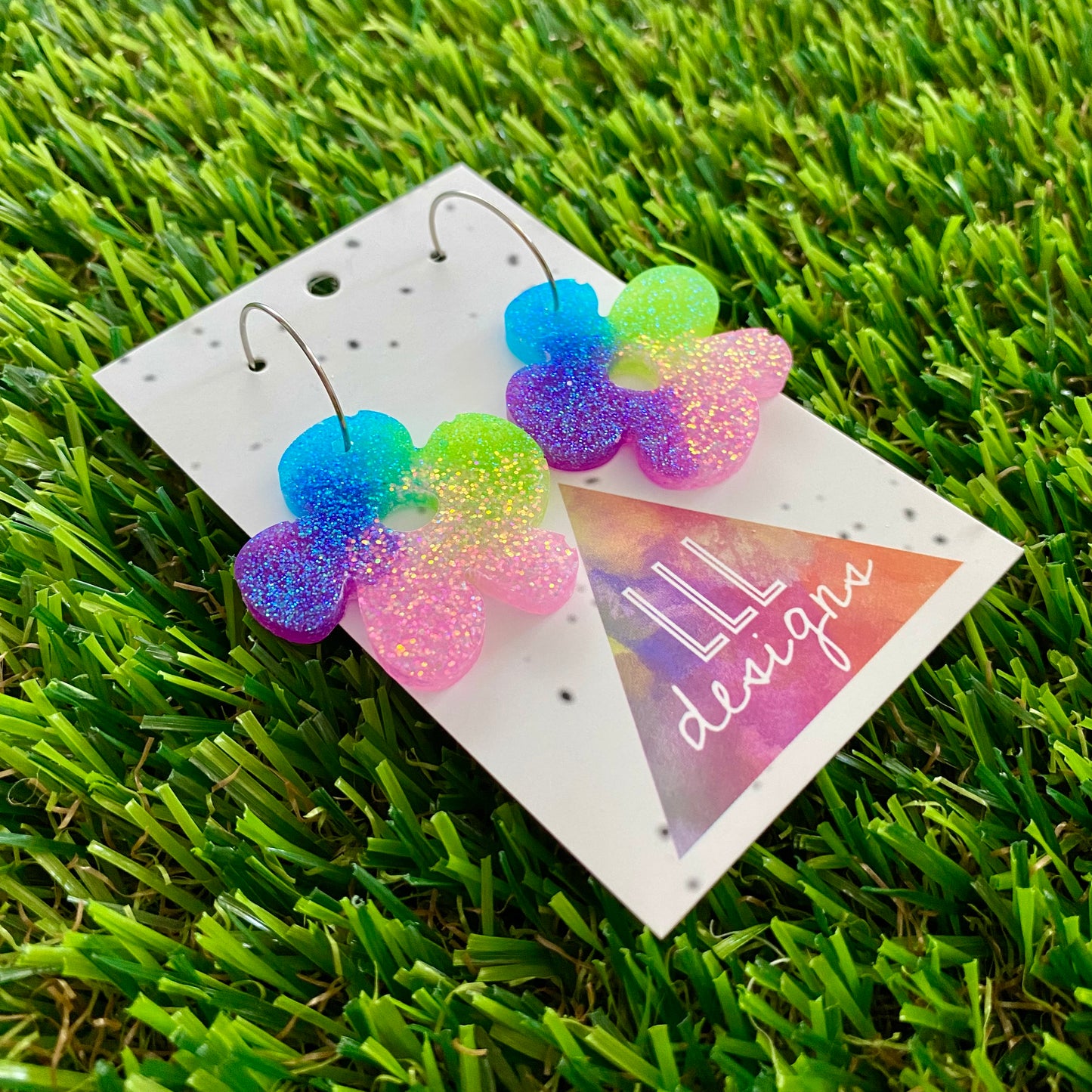 ON SALE!!!!! Resin Earrings - Vibrant Asymmetrical Flower Featuring a Silver Hoop! (2)