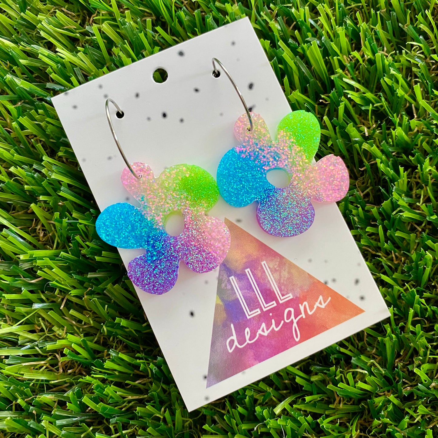 ON SALE!!!! Resin Earrings - Vibrant Asymmetrical Flower Featuring a Silver Hoop! (4)