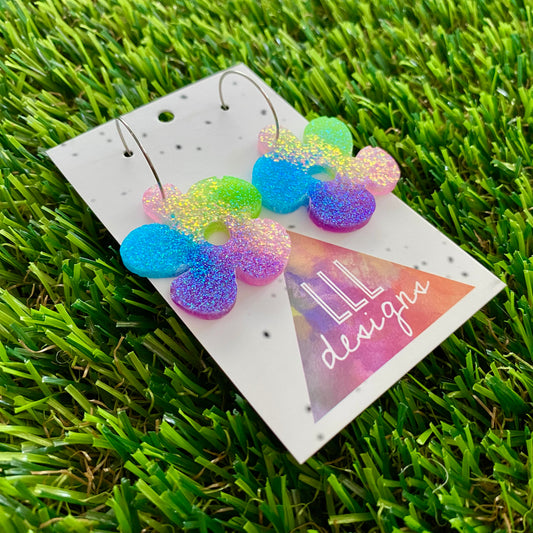 ON SALE!!!! Resin Earrings - Vibrant Asymmetrical Flower Featuring a Silver Hoop! (4)