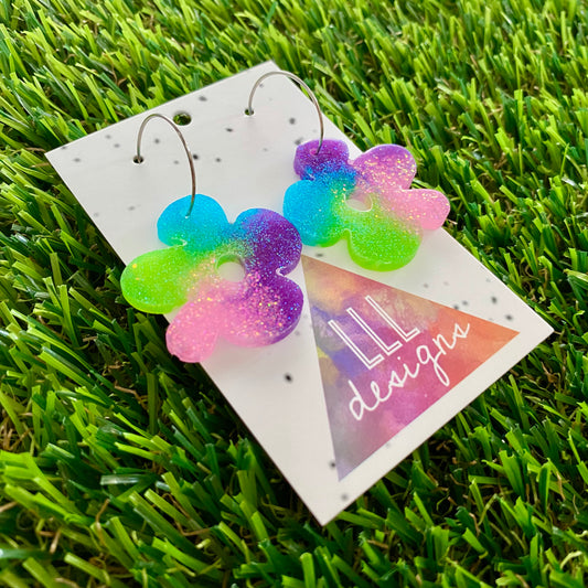 ON SALE!!!!! Resin Earrings - Vibrant Asymmetrical Flower Featuring a Silver Hoop! (5)