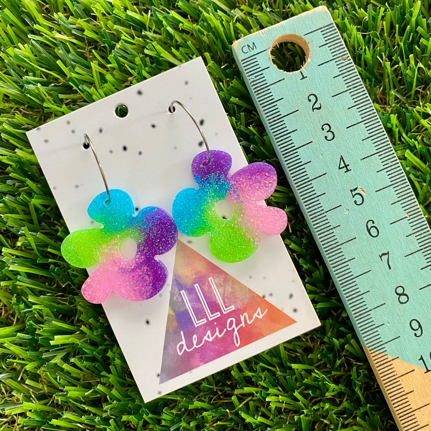 ON SALE!!!!! Resin Earrings - Vibrant Asymmetrical Flower Featuring a Silver Hoop! (5)