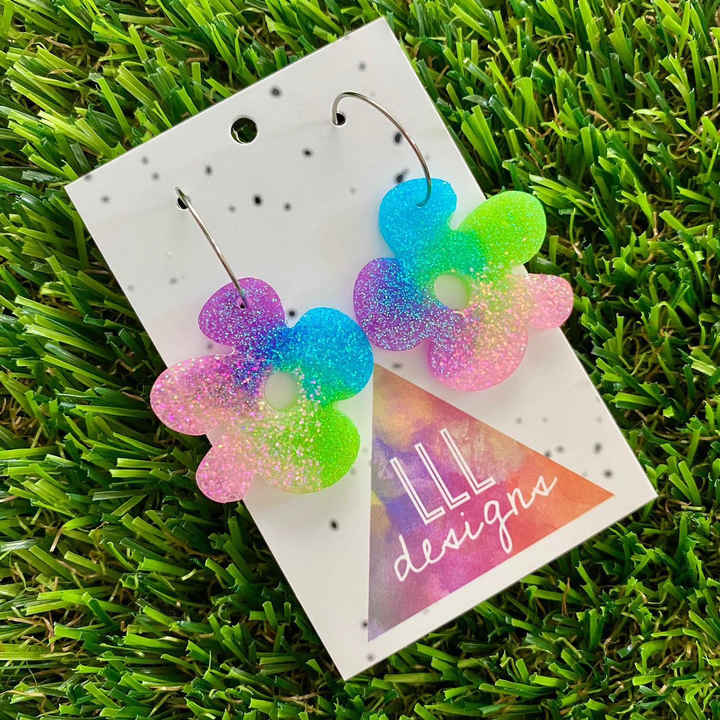 ON SALE!!!!! Resin Earrings - Vibrant Asymmetrical Flower Featuring a Silver Hoop! (6)