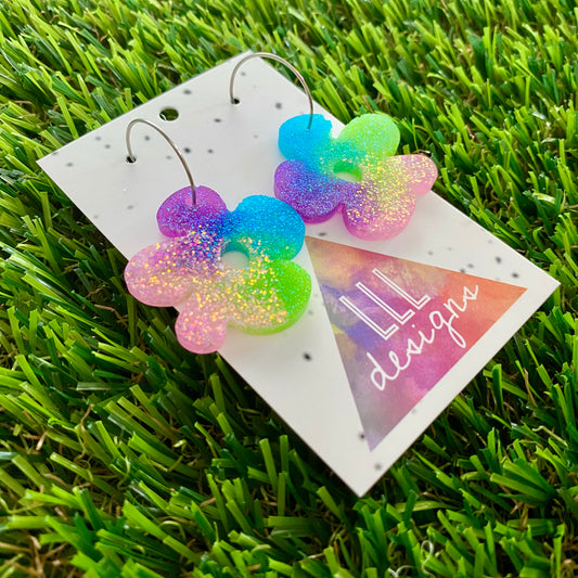 ON SALE!!!!! Resin Earrings - Vibrant Asymmetrical Flower Featuring a Silver Hoop! (6)