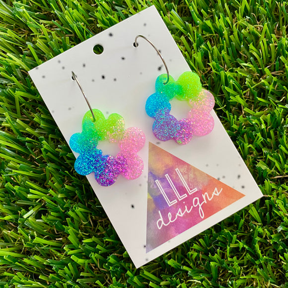 Resin Earrings - Vibrant Floral Wreath Featuring a Silver Hoop! (2)