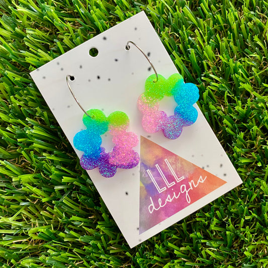 ON SALE!!!! Resin Earrings - Vibrant Floral Wreath Featuring a Silver Hoop! (6)