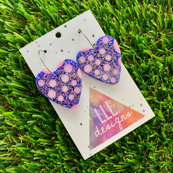 Resin Earrings - Polka Dotted Galaxy Purple Love Hearts in Medium Featuring a Silver Hoop!