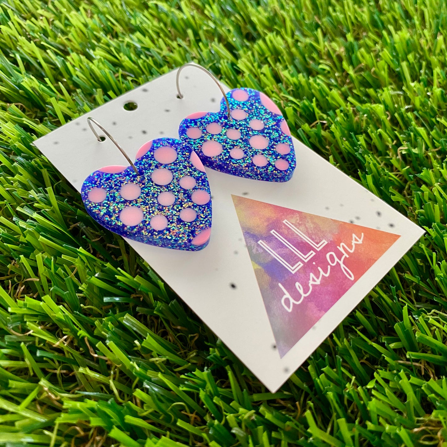 ON SALE!!!!! Resin Earrings - Polka Dotted Galaxy Purple Love Hearts in Medium Featuring a Silver Hoop!