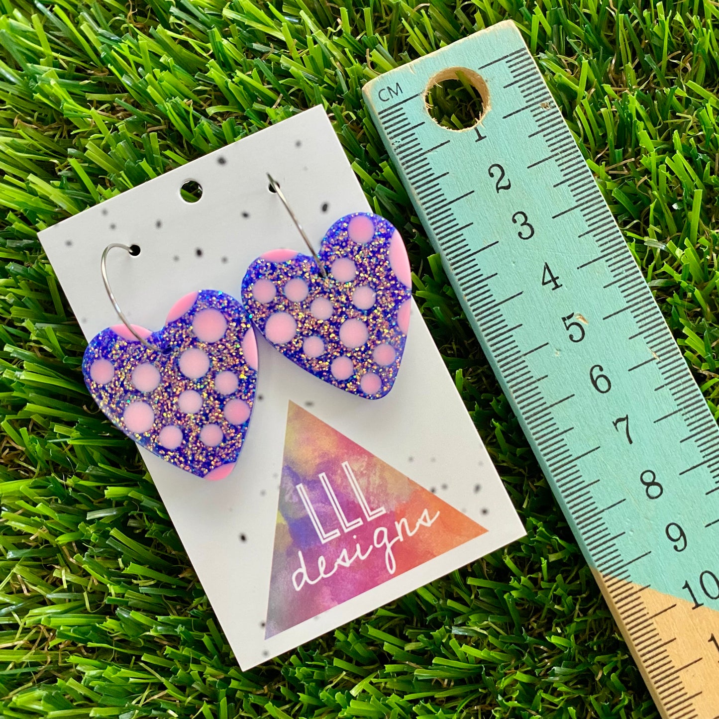 ON SALE!!!!! Resin Earrings - Polka Dotted Galaxy Purple Love Hearts in Medium Featuring a Silver Hoop!