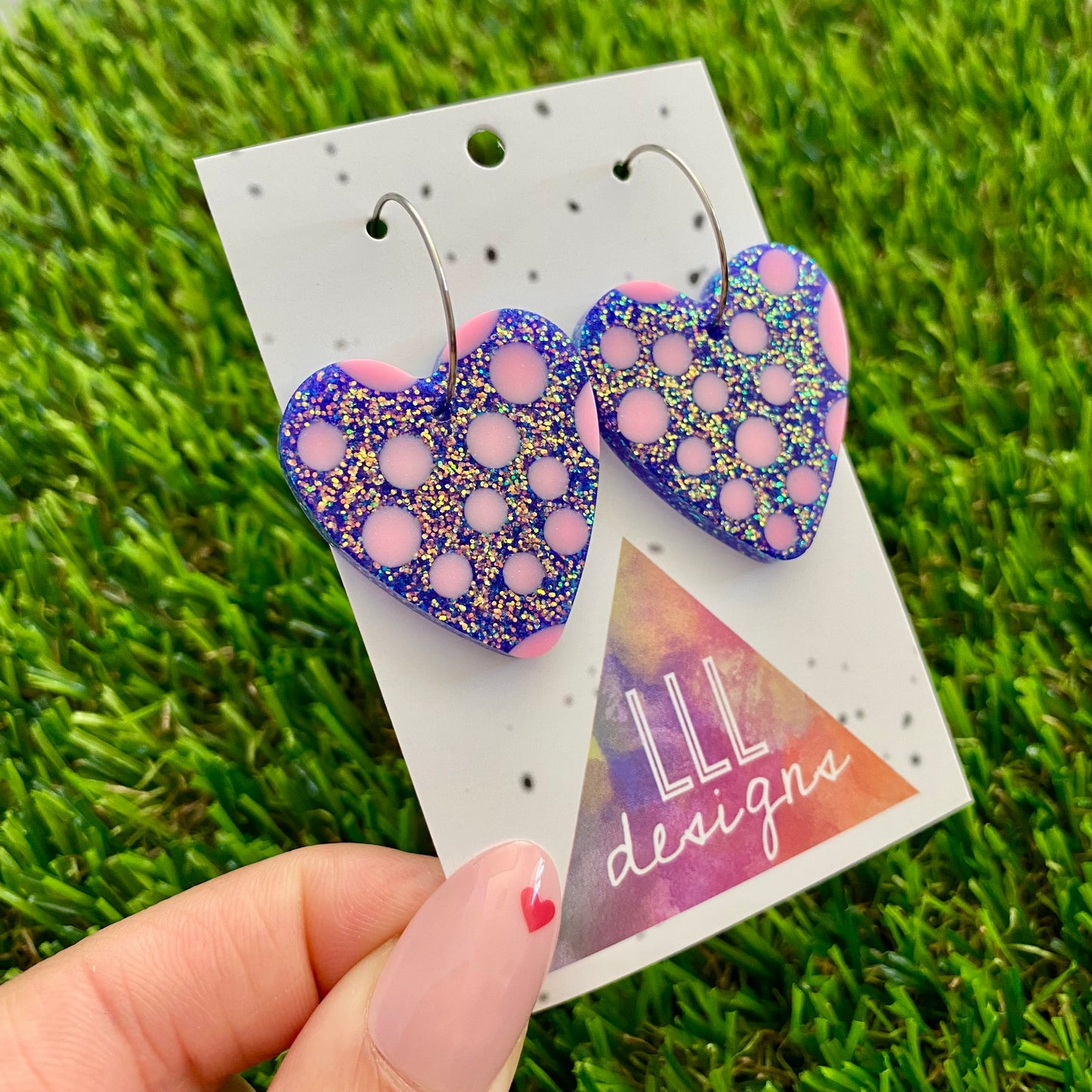 ON SALE!!!!! Resin Earrings - Polka Dotted Galaxy Purple Love Hearts in Medium Featuring a Silver Hoop!