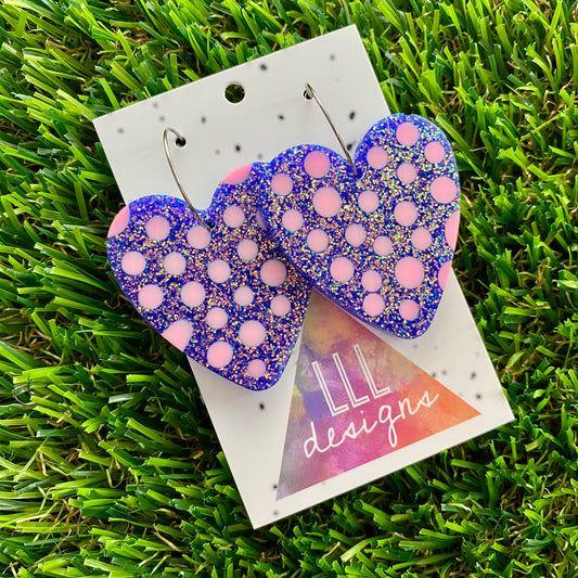 ON SALE!!!!!Resin Earrings - Polka Dotted Galaxy Purple Love Hearts in Large Featuring a Silver Hoop!