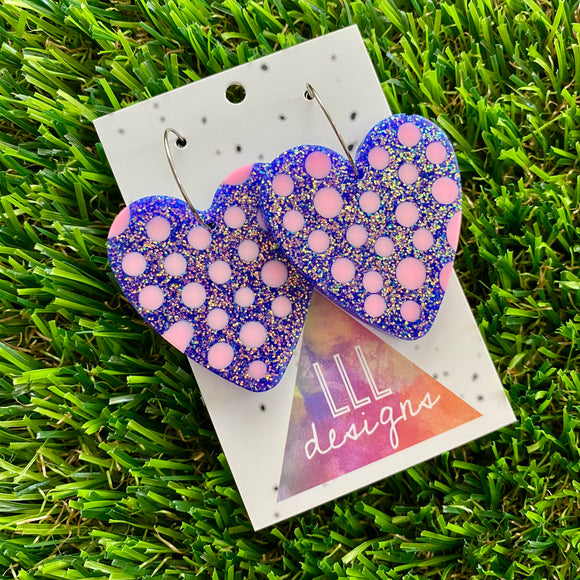 Resin Earrings - Polka Dotted Galaxy Purple Love Hearts in Large Featuring a Silver Hoop!