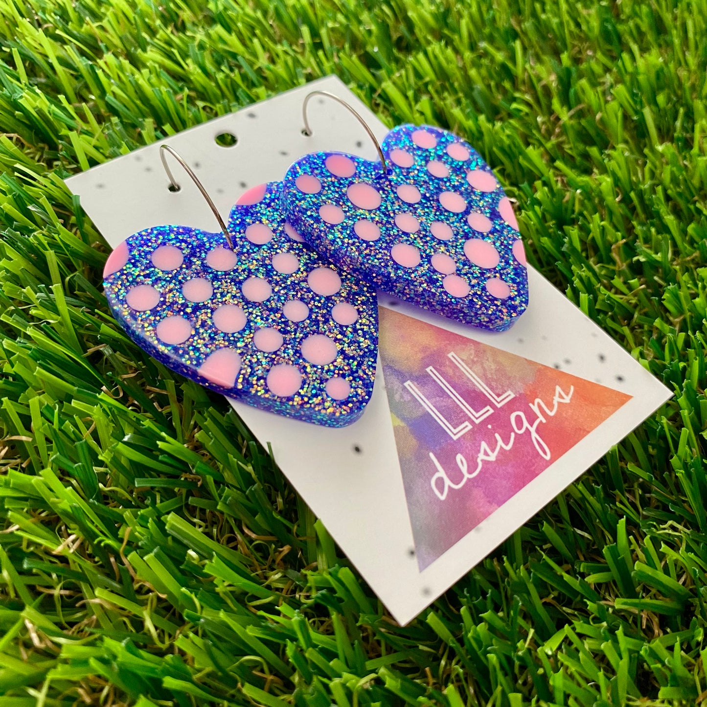 ON SALE!!!!!Resin Earrings - Polka Dotted Galaxy Purple Love Hearts in Large Featuring a Silver Hoop!