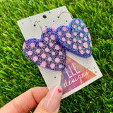 Resin Earrings - Polka Dotted Galaxy Purple Love Hearts in Large Featuring a Silver Hoop!