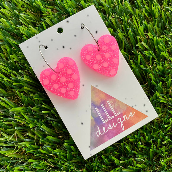 Resin Earrings - Polka Dotted Perfection In Pink Love Hearts in Small Featuring a Silver Hoop!