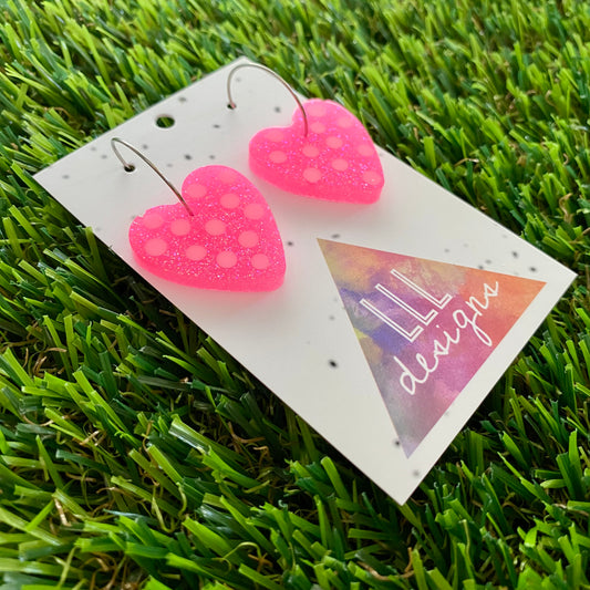 ON SALE!!! Resin Earrings - Polka Dotted Perfection In Pink Love Hearts in Small Featuring a Silver Hoop!