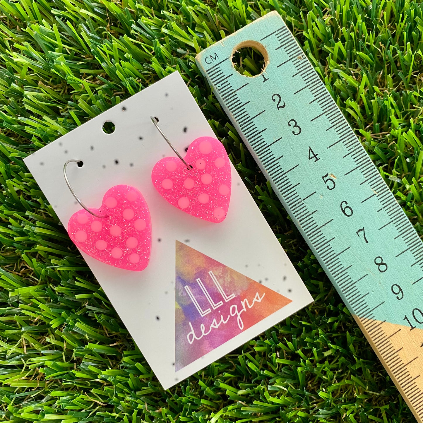 ON SALE!!! Resin Earrings - Polka Dotted Perfection In Pink Love Hearts in Small Featuring a Silver Hoop!
