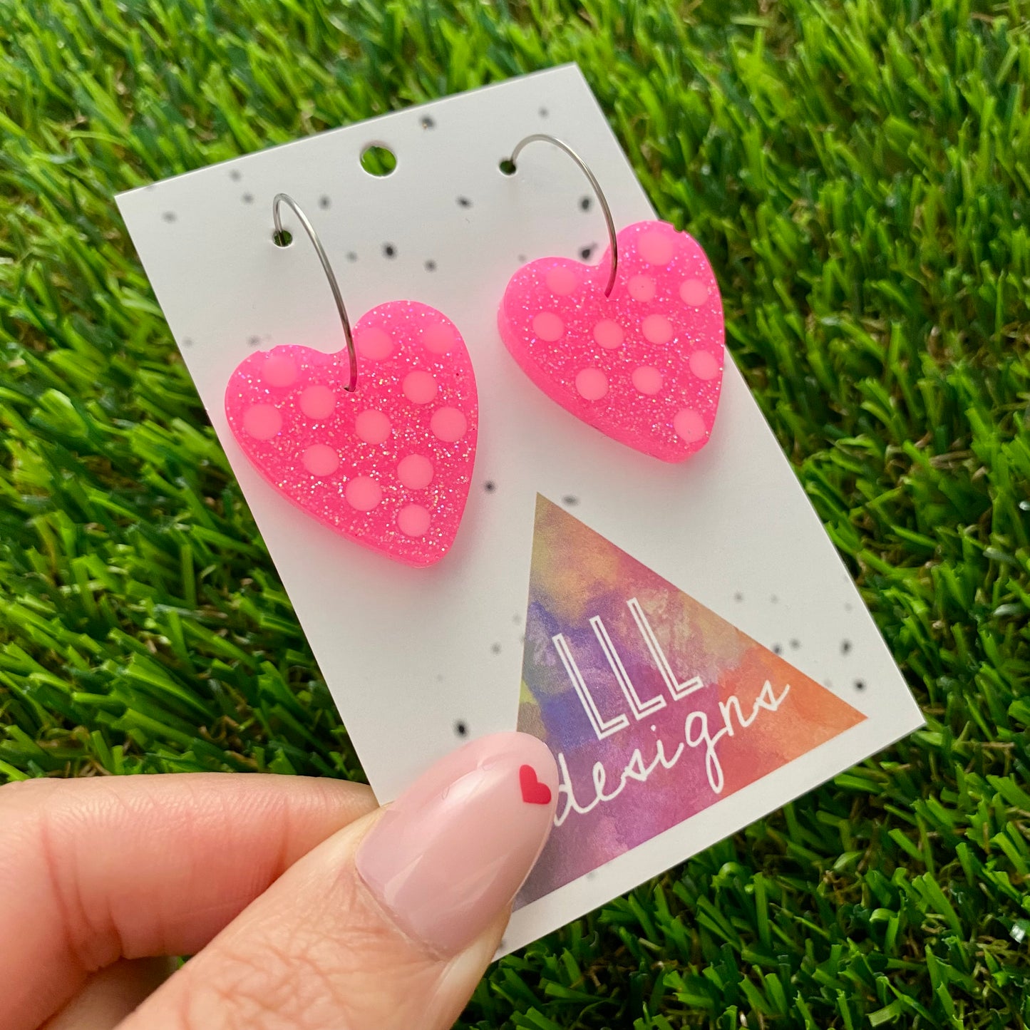ON SALE!!! Resin Earrings - Polka Dotted Perfection In Pink Love Hearts in Small Featuring a Silver Hoop!