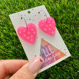 Resin Earrings - Polka Dotted Perfection In Pink Love Hearts in Small Featuring a Silver Hoop!