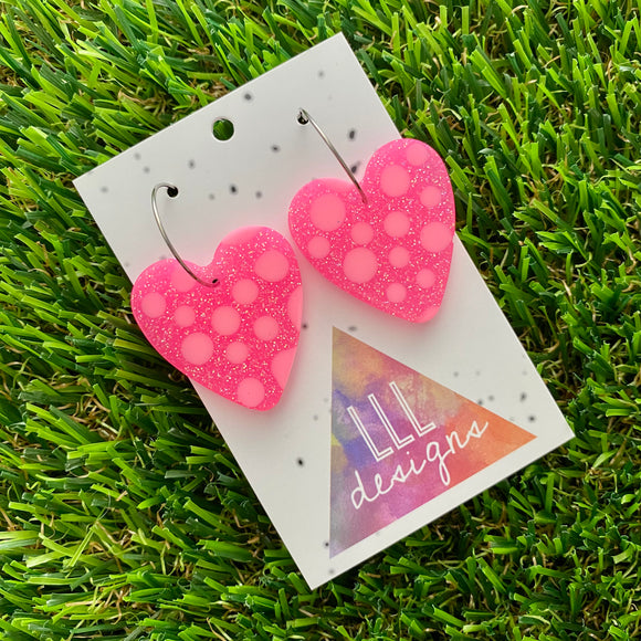 Resin Earrings - Polka Dotted Perfection In Pink Love Hearts in Medium Featuring a Silver Hoop!