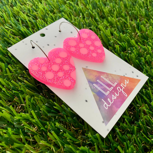 ON SALE!!!! Resin Earrings - Polka Dotted Perfection In Pink Love Hearts in Medium Featuring a Silver Hoop!