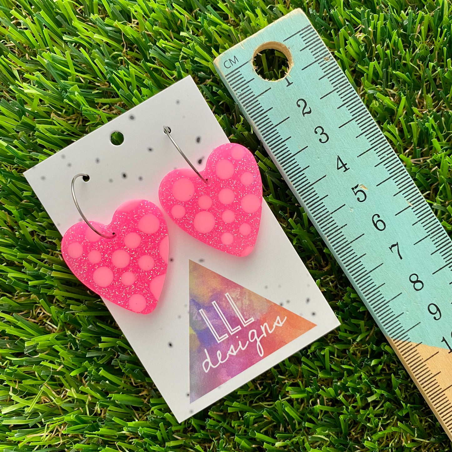 ON SALE!!!! Resin Earrings - Polka Dotted Perfection In Pink Love Hearts in Medium Featuring a Silver Hoop!