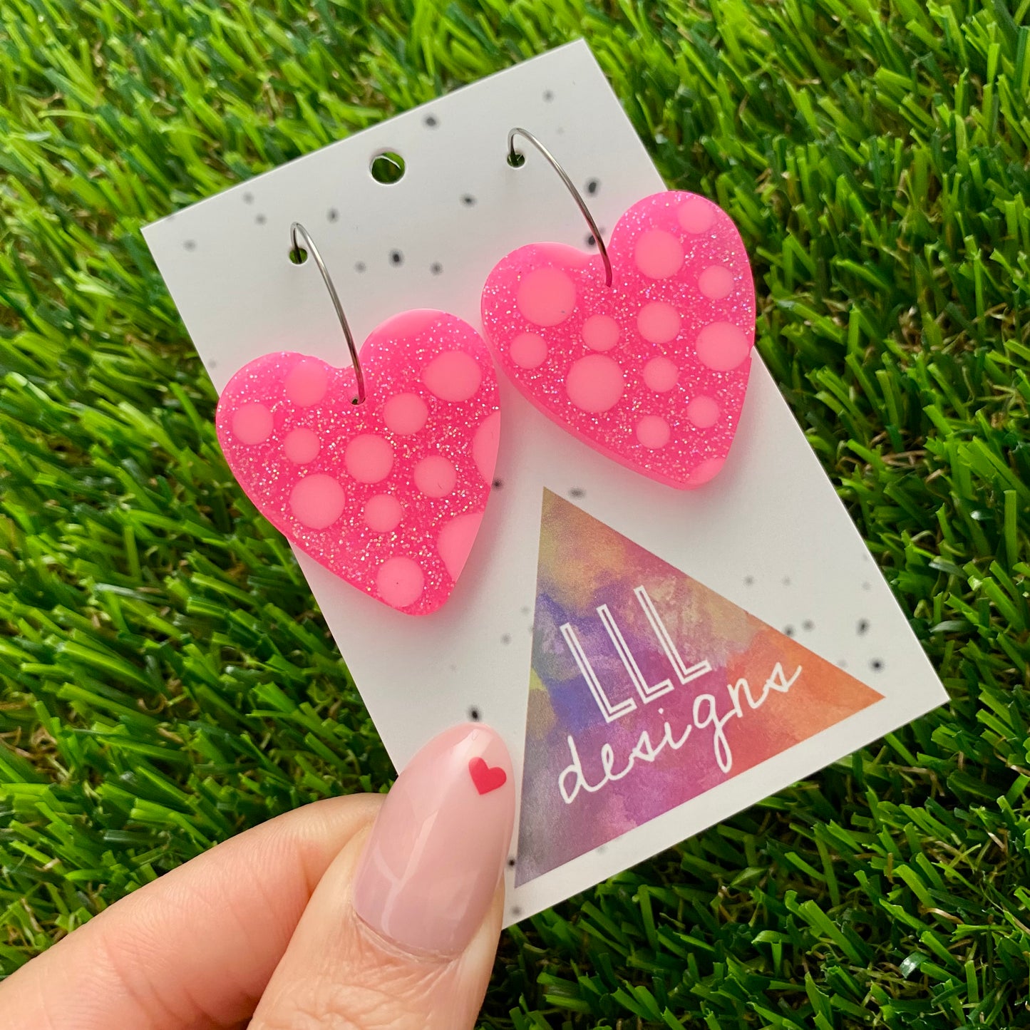 ON SALE!!!! Resin Earrings - Polka Dotted Perfection In Pink Love Hearts in Medium Featuring a Silver Hoop!
