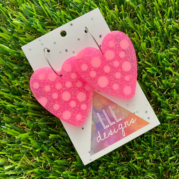 Resin Earrings - Polka Dotted Perfection In Pink Love Hearts in Large Featuring a Silver Hoop! (1)