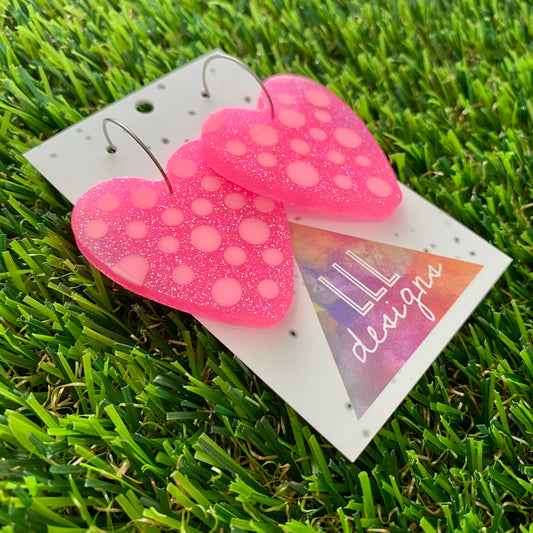 ON SALE!!! Resin Earrings - Polka Dotted Perfection In Pink Love Hearts in Large Featuring a Silver Hoop! (1)
