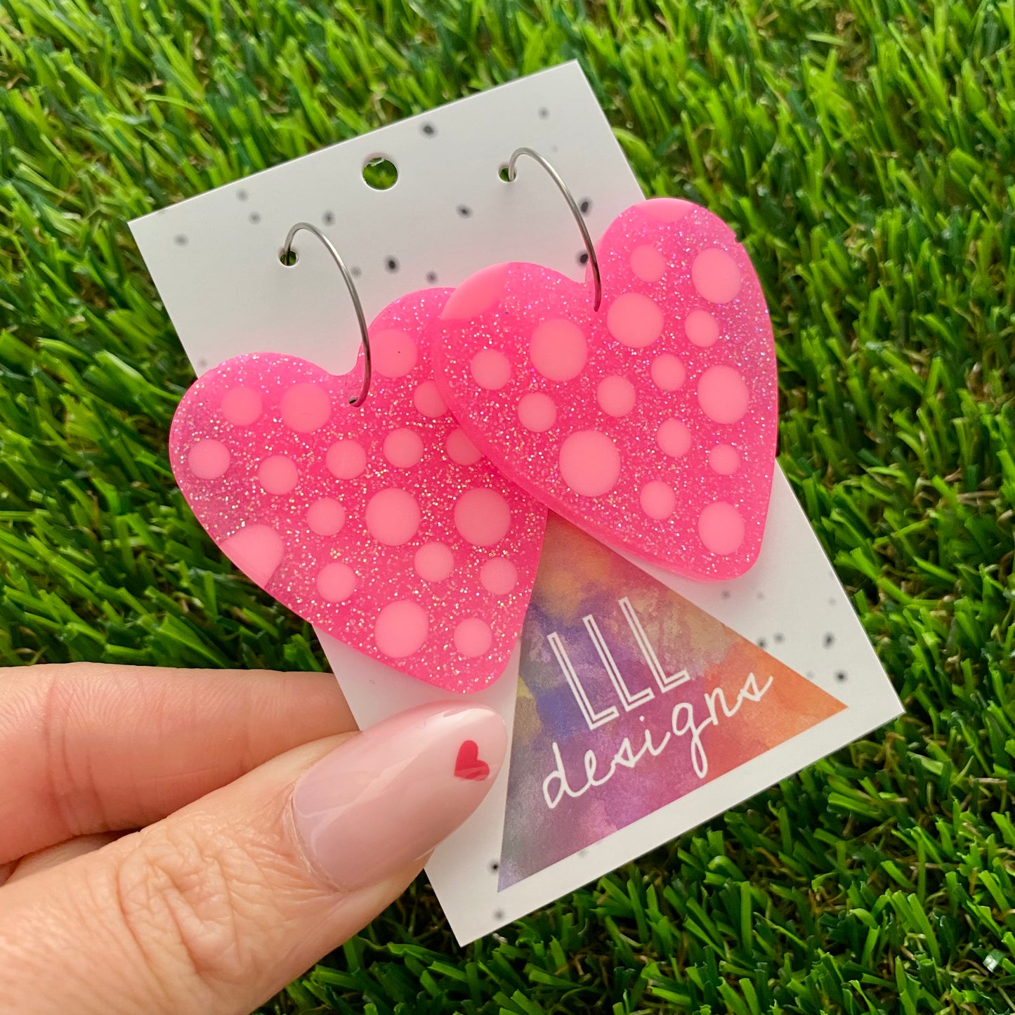 ON SALE!!! Resin Earrings - Polka Dotted Perfection In Pink Love Hearts in Large Featuring a Silver Hoop! (1)