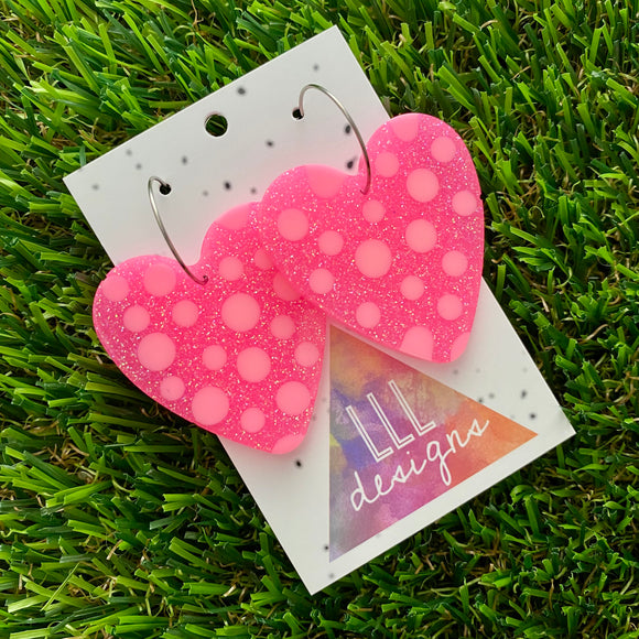 Resin Earrings - Polka Dotted Perfection In Pink Love Hearts in Large Featuring a Silver Hoop! (2)
