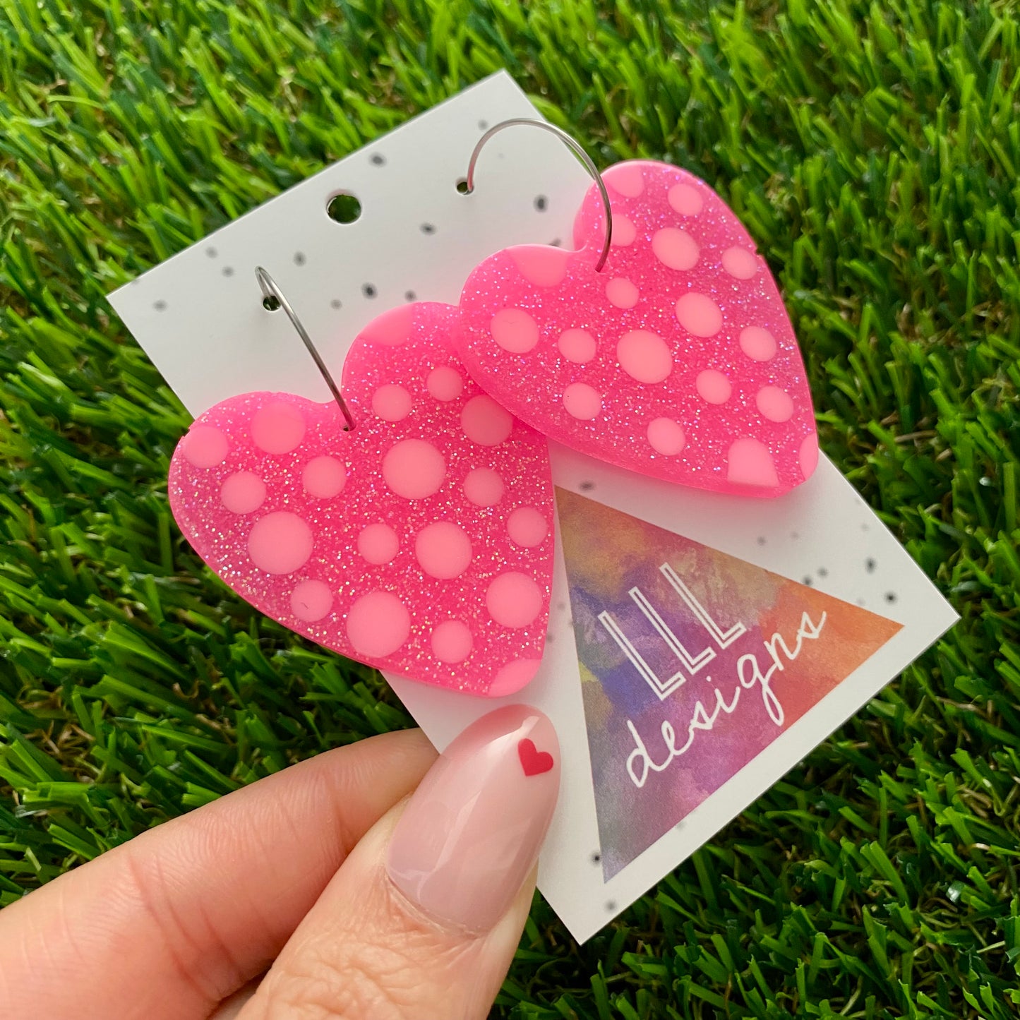ON SALE!!!! Resin Earrings - Polka Dotted Perfection In Pink Love Hearts in Large Featuring a Silver Hoop! (2)