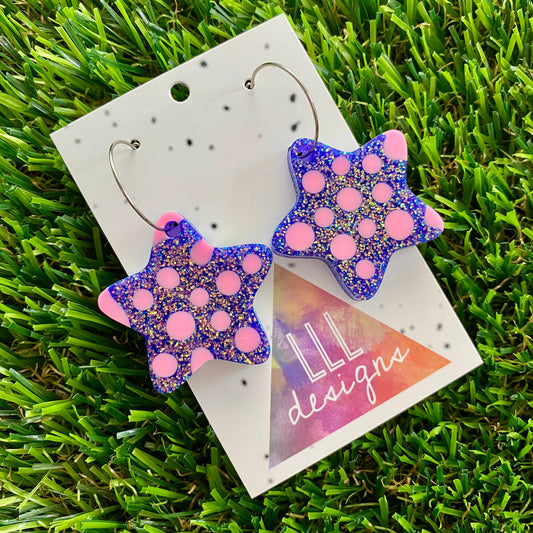 ON SALE!!!! Resin Earrings - Polka Dotted Galaxy Purple Stars in Large Featuring a Silver Hoop! (1)