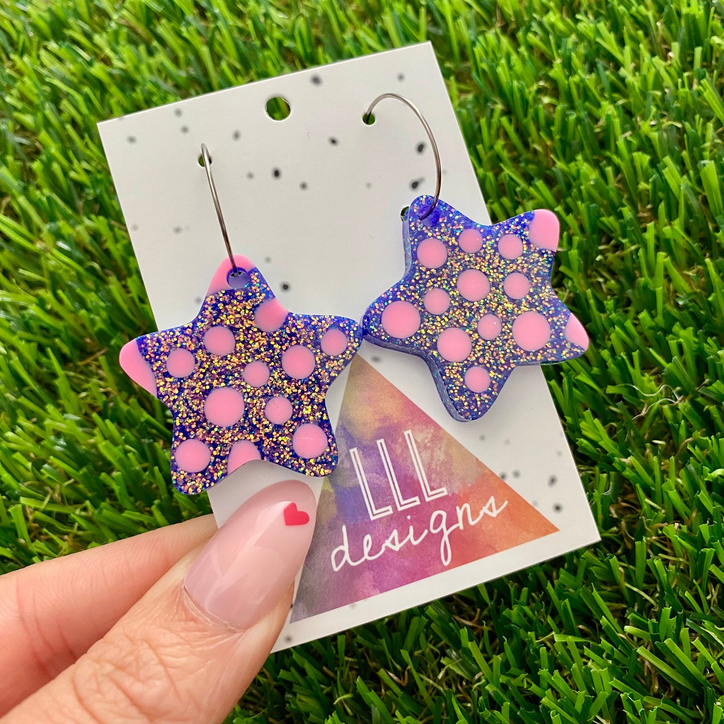 ON SALE!!!! Resin Earrings - Polka Dotted Galaxy Purple Stars in Large Featuring a Silver Hoop! (1)