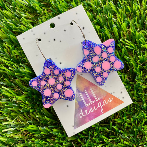 Resin Earrings - Polka Dotted Galaxy Purple Stars in Large Featuring a Silver Hoop! (2)