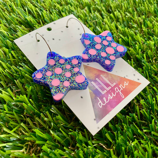 ON SALE!!! Resin Earrings - Polka Dotted Galaxy Purple Stars in Large Featuring a Silver Hoop! (2)