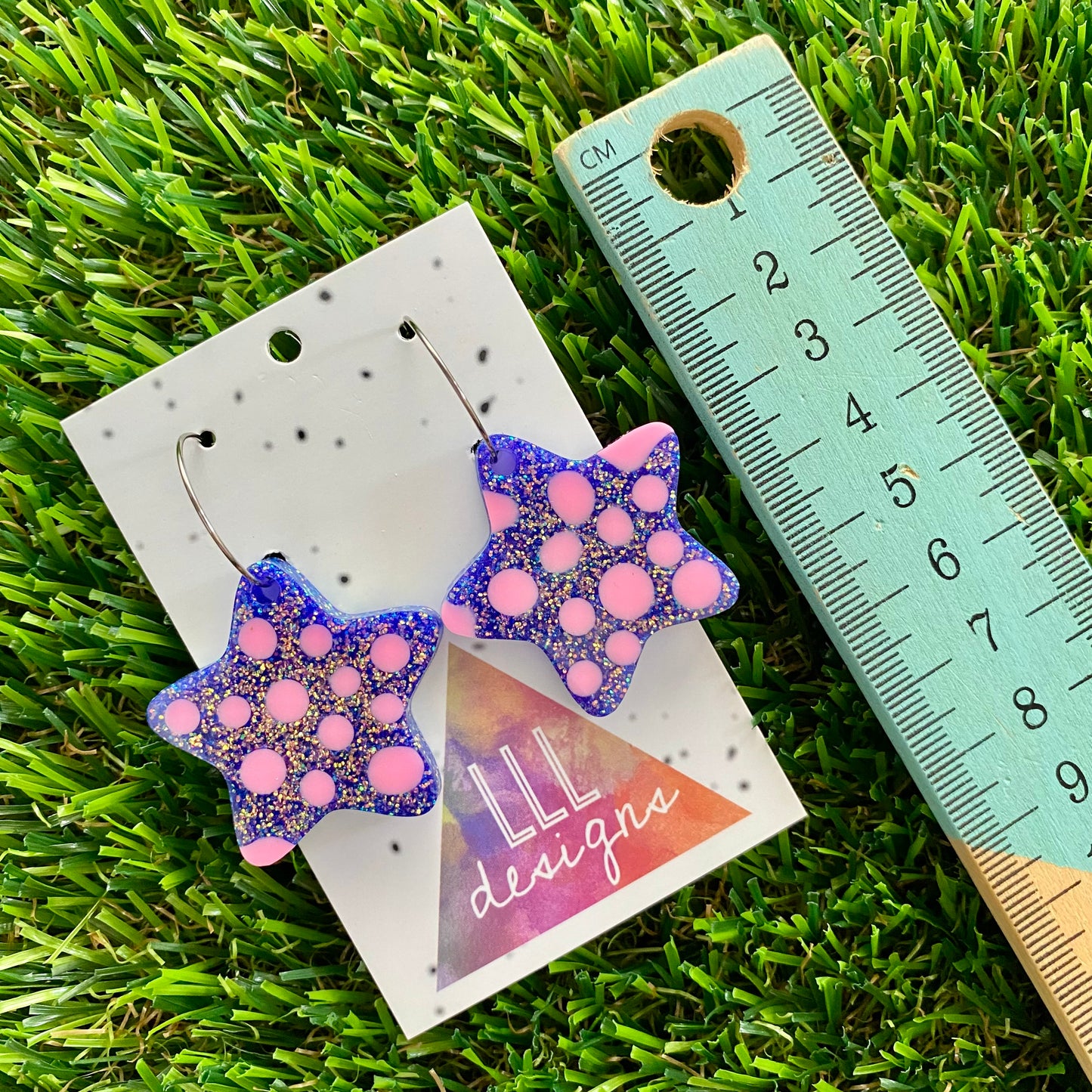 ON SALE!!! Resin Earrings - Polka Dotted Galaxy Purple Stars in Large Featuring a Silver Hoop! (2)