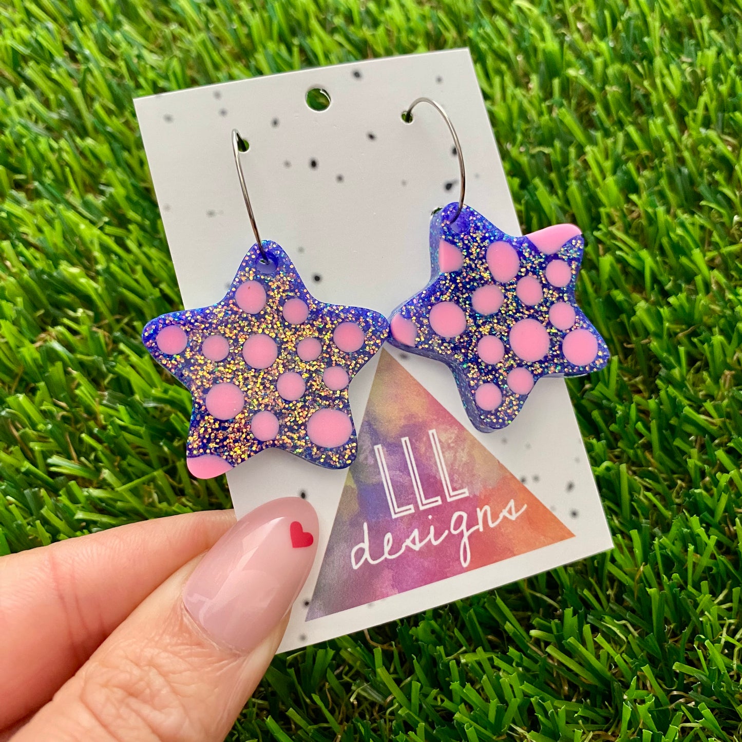 ON SALE!!! Resin Earrings - Polka Dotted Galaxy Purple Stars in Large Featuring a Silver Hoop! (2)