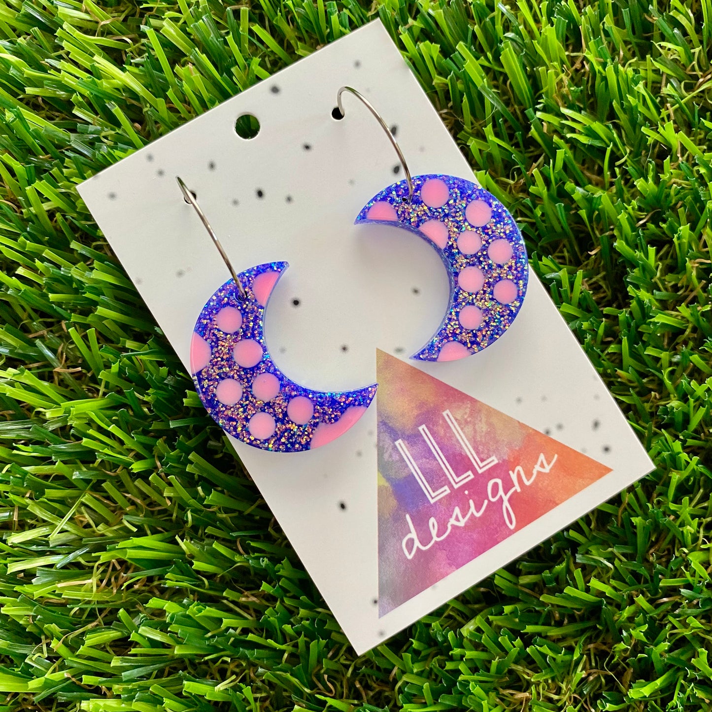 ON SALE!!!! Resin Earrings - Polka Dotted Galaxy Purple Moons in Large Featuring a Silver Hoop!