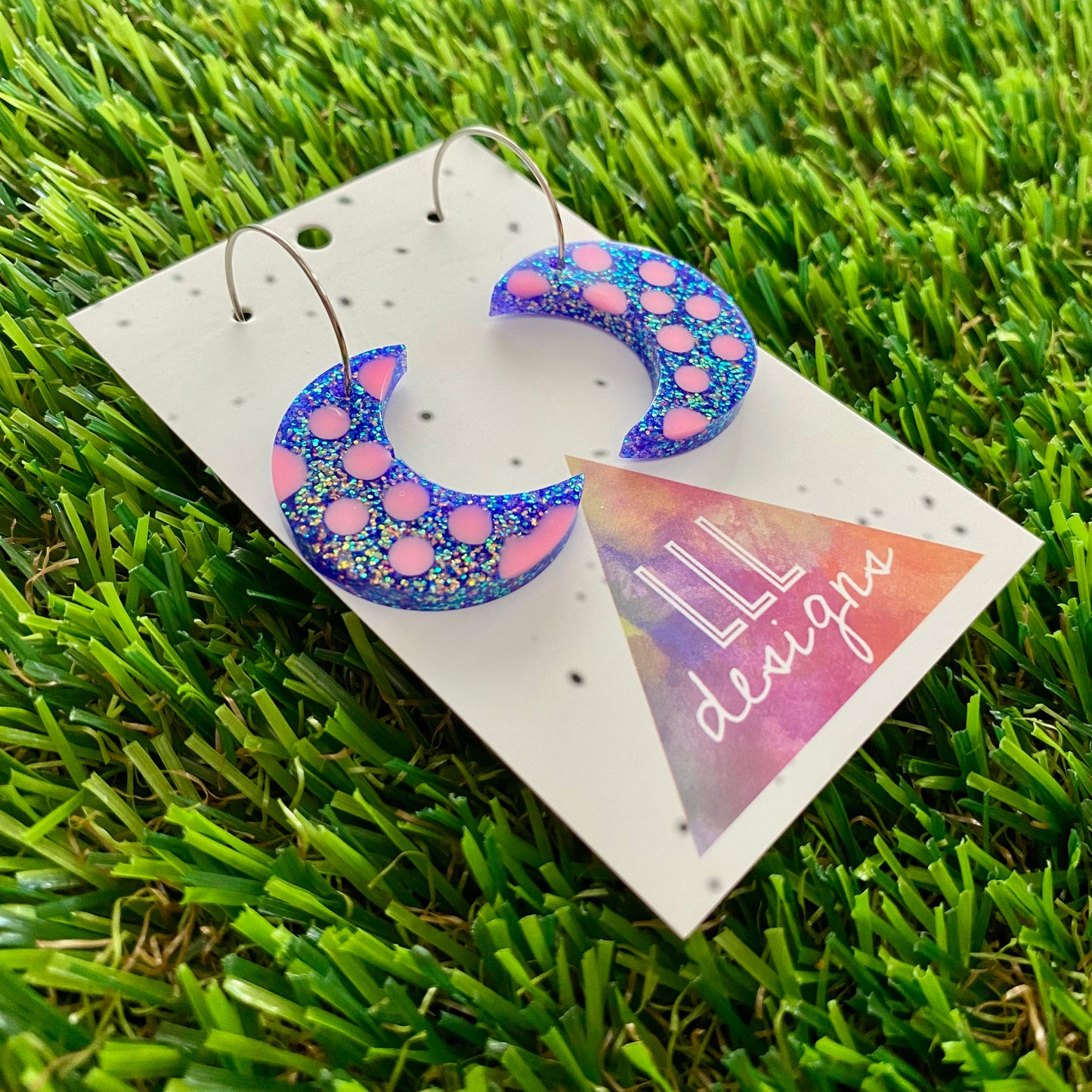 ON SALE!!!! Resin Earrings - Polka Dotted Galaxy Purple Moons in Large Featuring a Silver Hoop!