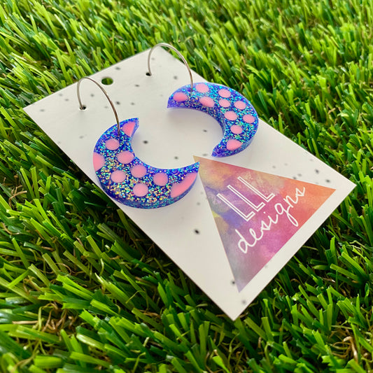 ON SALE!!!! Resin Earrings - Polka Dotted Galaxy Purple Moons in Large Featuring a Silver Hoop!