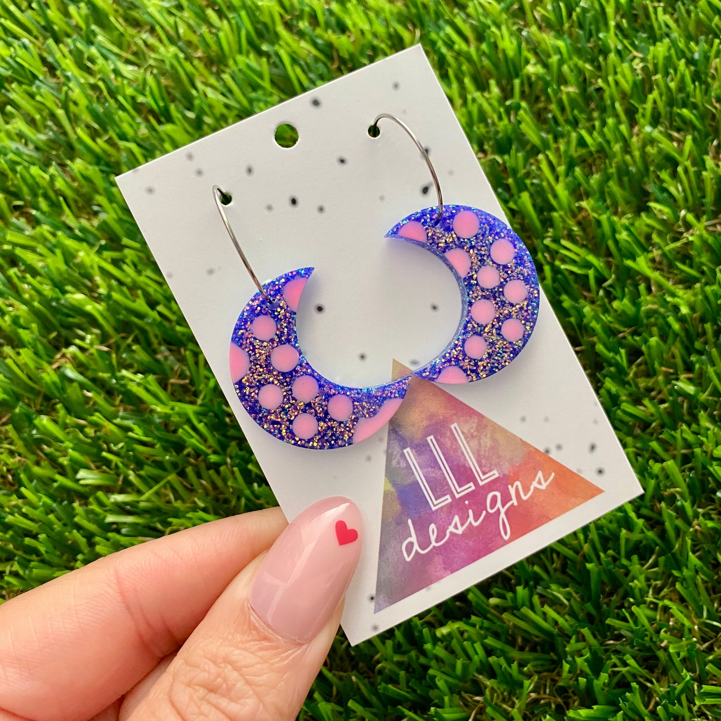 ON SALE!!!! Resin Earrings - Polka Dotted Galaxy Purple Moons in Large Featuring a Silver Hoop!