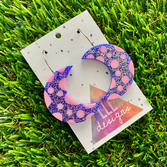 Resin Earrings - Polka Dotted Galaxy Purple Moons in Large Featuring a Silver Hoop! (1)